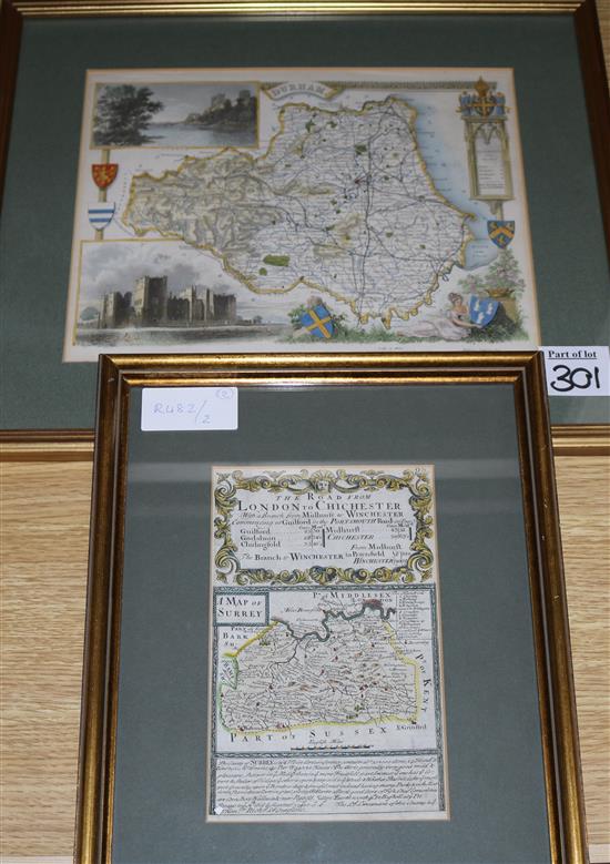 A coloured engraving map of London to Chichester and a coloured steel engraved map of Durham, 18 x 11cm and 22 x 27cm